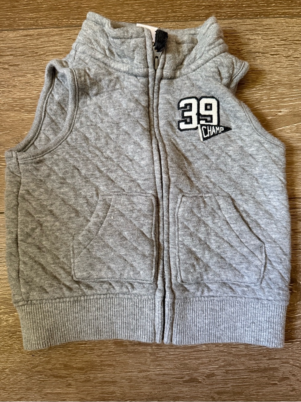 Kids Grey Quilted Zip Front Vest with '39 Champ' Patch